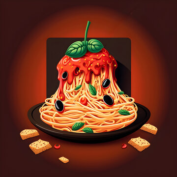 A cartoon illustration of Italian spaghetti with tomato sauce
