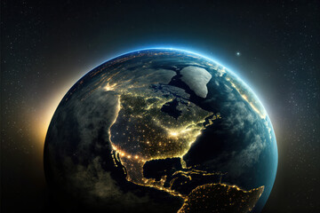 Planet Earth cutvature. Aerial view of blue planet from space. Sunrise over city lights. Generative AI