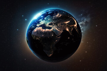 Planet Earth globe. Aerial view of blue planet from space. Sunrise over city lights. Generative AI