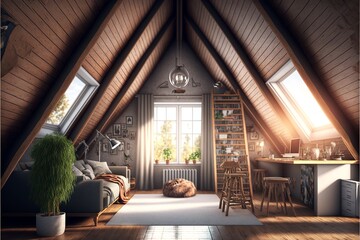 Scandinavian style attic interior living room with a bg white carpet