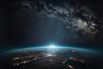 Planet Earth cutvature. Aerial view of blue planet and Milky way from space. Sunrise over city lights. Generative AI