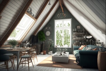 Scandinavian style attic interior living room with a green sofa