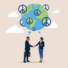 Partnership negotiation to make agreement. Love in peace, stop war, business strategy plan and goal achievement, couple of the world diversity, handshake connection. Flat vector illustration.