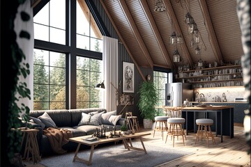 Scandinavian style attic interior living room and kitceh combination with big window