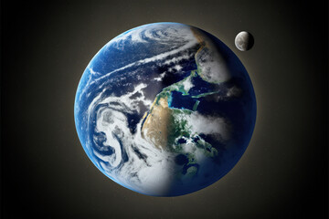 Planet Earth globe. Aerial view of blue planet and moon from space. Generative AI