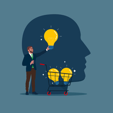 Businessman with a shopping cart to buy ideas and bulbs from the brain. Business development and strategy. New business project start up concept. Flat vector illustration.