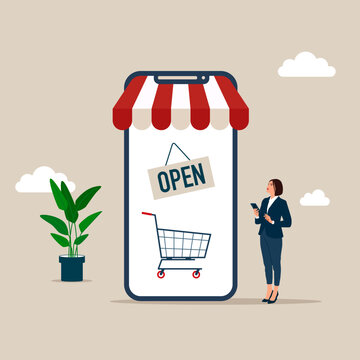 Businesswoman the open sign on mobile website online store waiting to buy retail products. Open online shop or store website for e-commerce.  Modern vector illustration in flat style