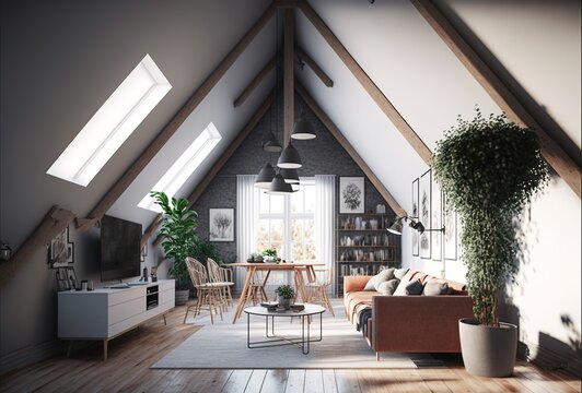 Scandinavian Style Attic Interior Living Room With TV And Couch