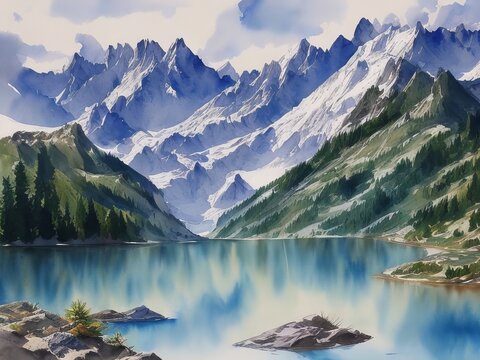 Image of the mountain with lake in front of it watercolor masterpiece