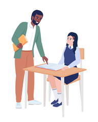 Obraz premium Male teacher explaining part in book to pupil semi flat color vector characters. Editable figures. Full body people on white. Simple cartoon style illustration for web graphic design and animation