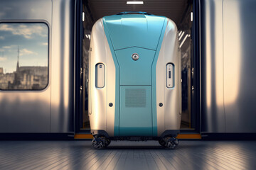 A silver suitcase stands on the platform near the train.travel concept.Generative AI.
