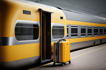 A yellow suitcase stands on the platform near the train.travel concept.Generative AI. 
