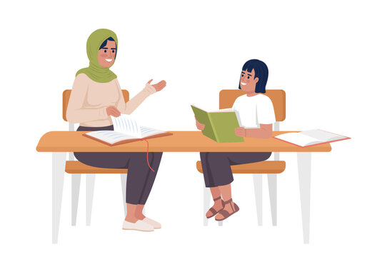 Mother explaining daughter home assignment semi flat color vector characters. Editable figures. Full body people on white. Simple cartoon style illustration for web graphic design and animation