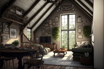 Country style attic interior living room made of natural wood with big window