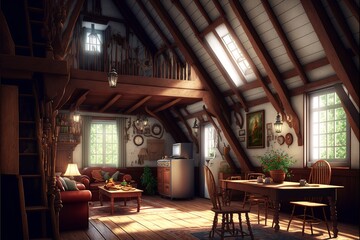 Fototapeta na wymiar Country style attic interior living room made of natural wood with dining table