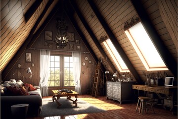 Country style attic interior living room made of natural wood with dresser and coffe table