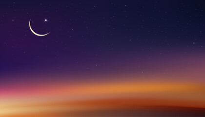Naklejka na ściany i meble Ramadan Kareem card,Islamic greeting design background with Crescent moon on colourful sunset sky background,Vector religions symbolic of Muslim for Ramadan Kareem,Eid Mubarak, Eid al adha.Eid al fitr