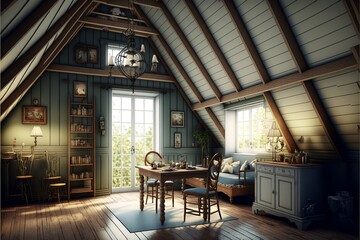 Country style attic interior living room made of natural wood with wooden desk on a small carpet
