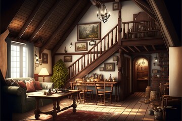 Country style attic interior living room made of natural wood with couch and coffe table