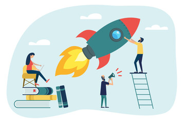 The launch of a new business in a young developing company. metaphor of rocket launch into space from the site. vector illustration business in a flat colorful cartoon style