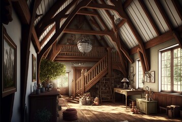 Fototapeta na wymiar Country style attic interior living room made of natural wood with desk