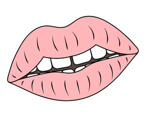 Puffy lips. Seductive mouth slightly open. An even row of teeth with a gap in the middle. Color vector illustration. Cartoon style. Isolated background. Idea for web design, invitations.