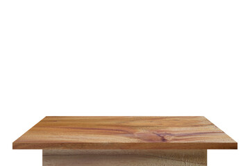 Close-up empty wooden plank table top on vintage style a furniture for decoration home, isolated on white background