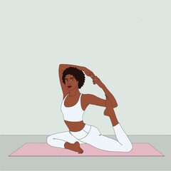 Mermaid Pose / Naginyasana or Eka Pada Rajakapotasana. Person doing stretching, pilates exercise, Beautiful flexible black woman practicing yoga asana pose at home studio. Minimalistic illustration