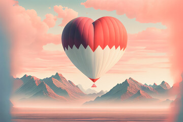 Fototapeta premium Beautiful air balloon heart shape against pink pastel sky in a sunny bright morning. Valentine Day. Generative AI