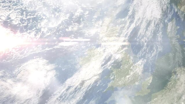 Earth zoom in from outer space to city. Zooming on Straban, UK. The animation continues by zoom out through clouds and atmosphere into space. Images from NASA
