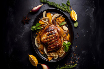 Grilled chicken top view, from above. Popular meat dish. Dark stone background. Moody light. Studio food photography stylization. 3d rendered.