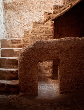 Alula Old Town City, Saudi Arabia. Alula's 900 years old stairs from a House in the restored area of the Town in Saudi Arabia. Medinah Area. 