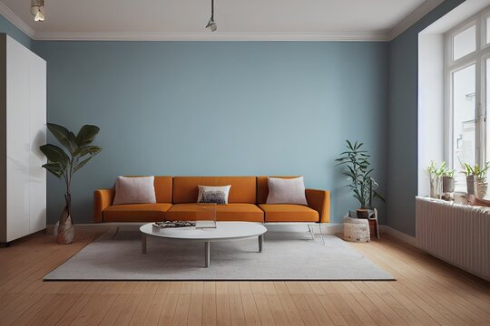 mock up poster frame in boho interior background, wooden living room design, Scandinavian style. Generative AI illustration