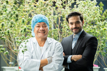 Scientist wearing glasses and gloves checking hemp plants in a marijuana farm, Marijuana research for CBD oil, alternative herbal medicine concept, pharmaceutical industry laboratory for business