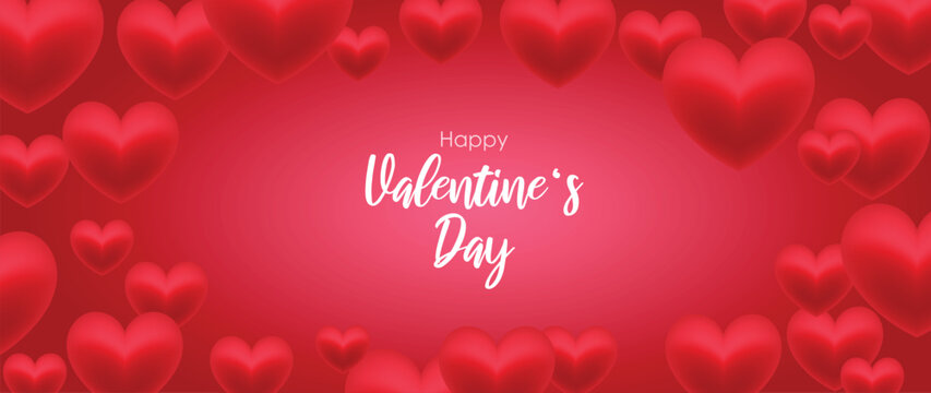 Happy Valentine's Day concept card vector illustration. Abstract 3d composition decorate with glossy blurred red hearts on red background. Design for banner, card, social media, ads, marketing.