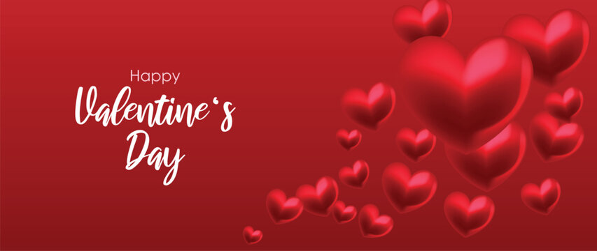 Happy Valentine's Day concept vector. Abstract 3d composition decorate with neon light on podium and glossy red hearts background. Design for banner, mock up, product presentation, ads, marketing.