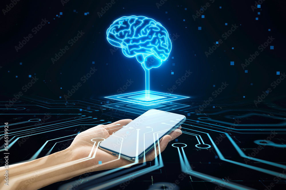 Poster close up of hand holding cellphone with hologram. futuristic design of artificial intelligence brain