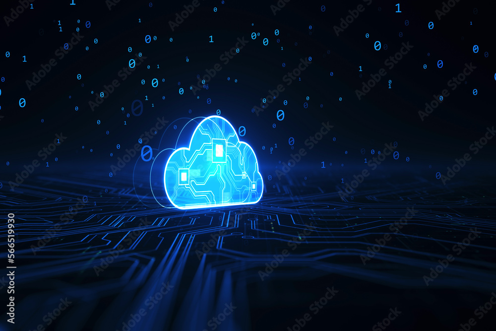 Poster Glowing cloud hologram. Cloud computing technology internet on converging point of circuit and abstract blue wallpaper. Cloud Service, Cloud Storage Concept. 3D Rendering.
