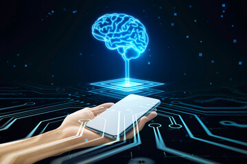 Close up of hand holding cellphone with hologram. Futuristic design of artificial Intelligence brain with circuit board. 