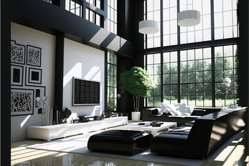 render image of modern living room with all furniture is black