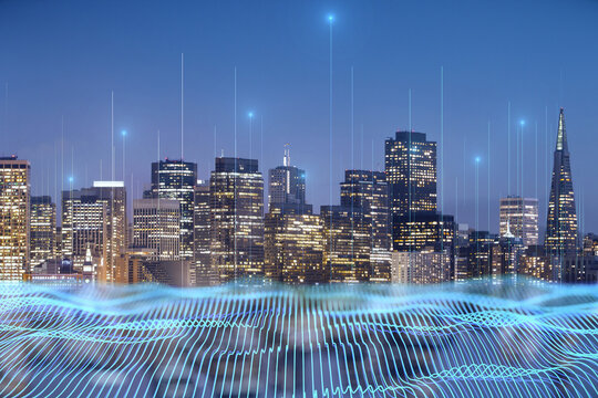 Internet of things, high speed connection and smart city concept with blue digital wire waves on New York city background, double exposure