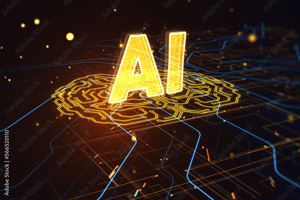 Poster Futuristic design of artificial Intelligence ai brain with circuit board. Learning process and problem solving concept. Abstract digital technology grid texture. 3D Rendering.