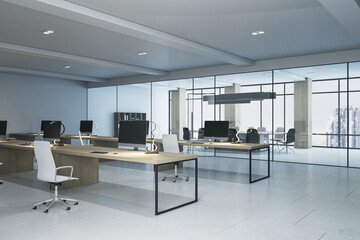 Clean coworking office interior, wooden and concrete details, window with city view and daylight. 3D Rendering.