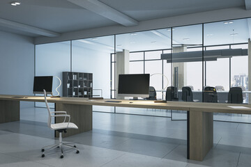 Luxury coworking office interior, wooden and concrete details, window with city view and daylight. 3D Rendering.