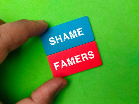 Hand holding colored board with the word SHAME FAMERS.