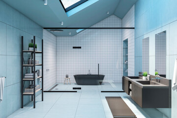 Front view on blue shades style spacious bathroom with black modern bath background behind glass partition, brown sinks and dormer on the top. 3D rendering