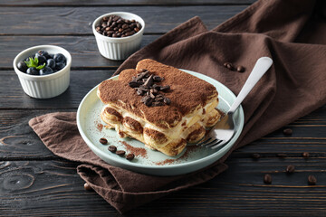 Concept of sweet food, Tiramisu cake, close up
