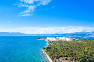 Fototapeta na wymiar Oil terminal on Krk island, Croatia, aerial view