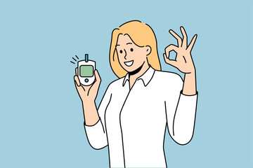 Smiling young woman holding sugar blood test monitor showing all right hand gesture. Happy healthy female satisfied with glucose level. Healthcare concept. Vector illustration. 
