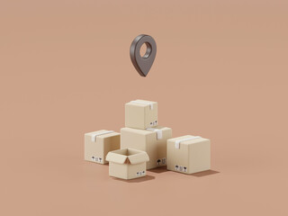 3d render of parcel delivery box with location pin.